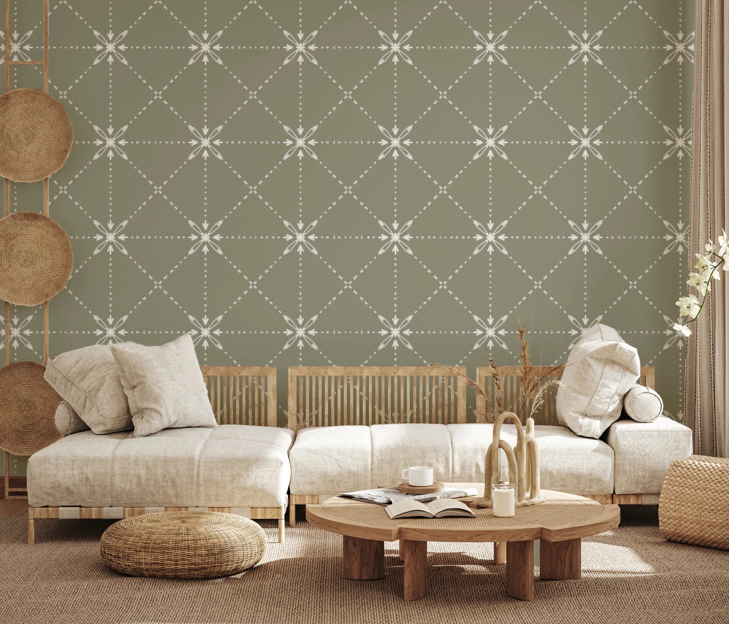 Sashiko Hana - Goshi - Latticed Flower Stitch On Sage Wallpaper⁠