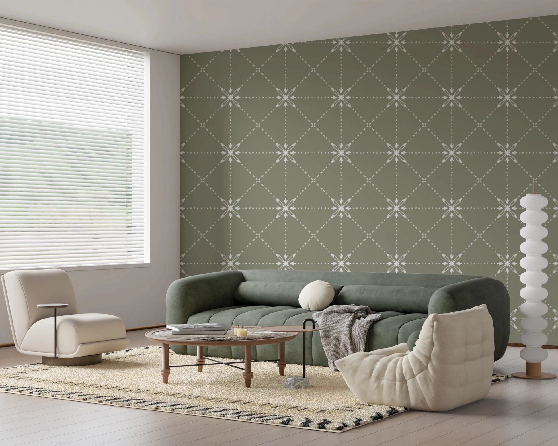 Sashiko Hana - Goshi - Latticed Flower Stitch On Sage Wallpaper⁠