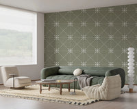 Sashiko Hana - Goshi - Latticed Flower Stitch On Sage Wallpaper⁠