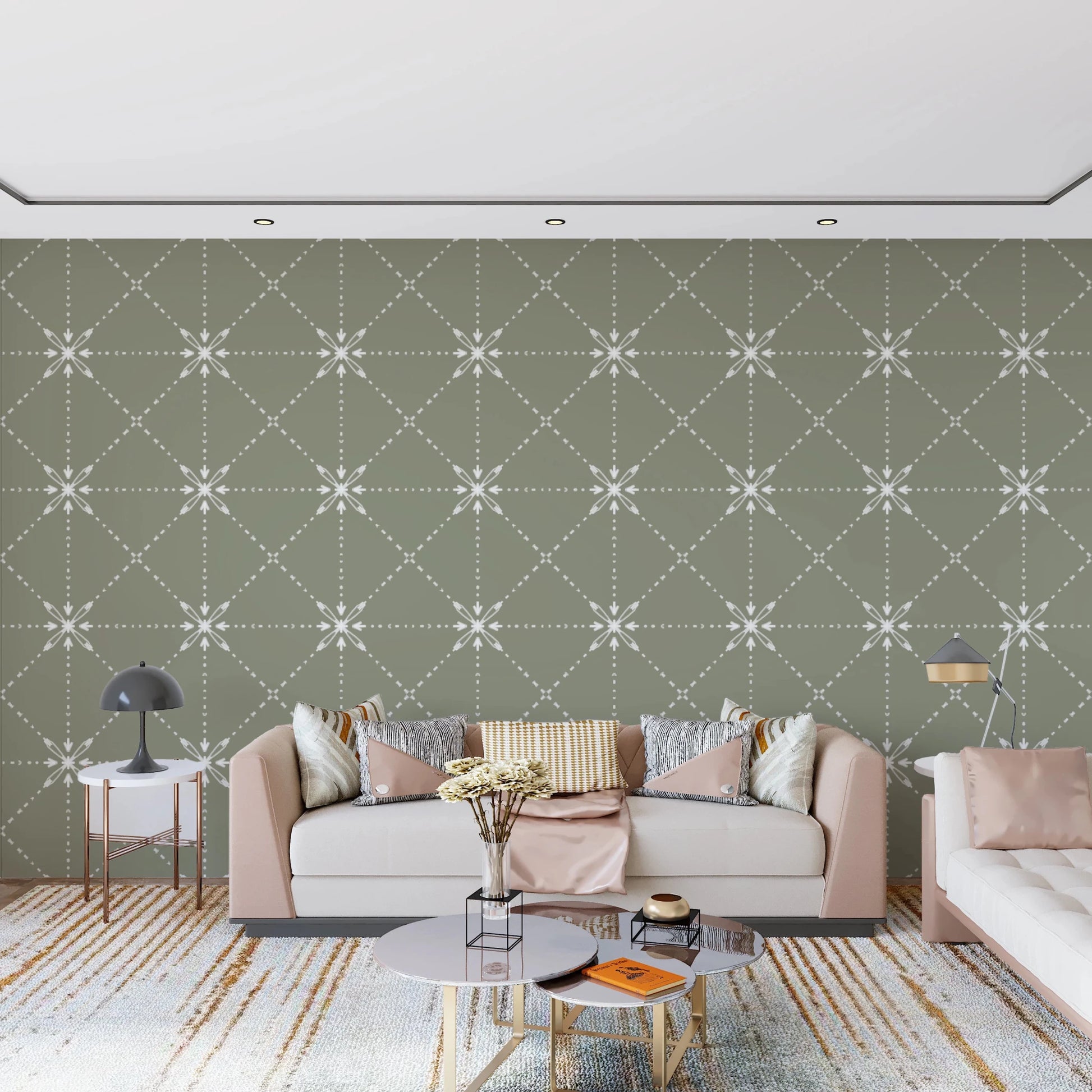 Sashiko Hana - Goshi - Latticed Flower Stitch On Sage Wallpaper⁠