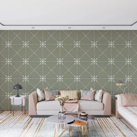 Sashiko Hana - Goshi - Latticed Flower Stitch On Sage Wallpaper⁠
