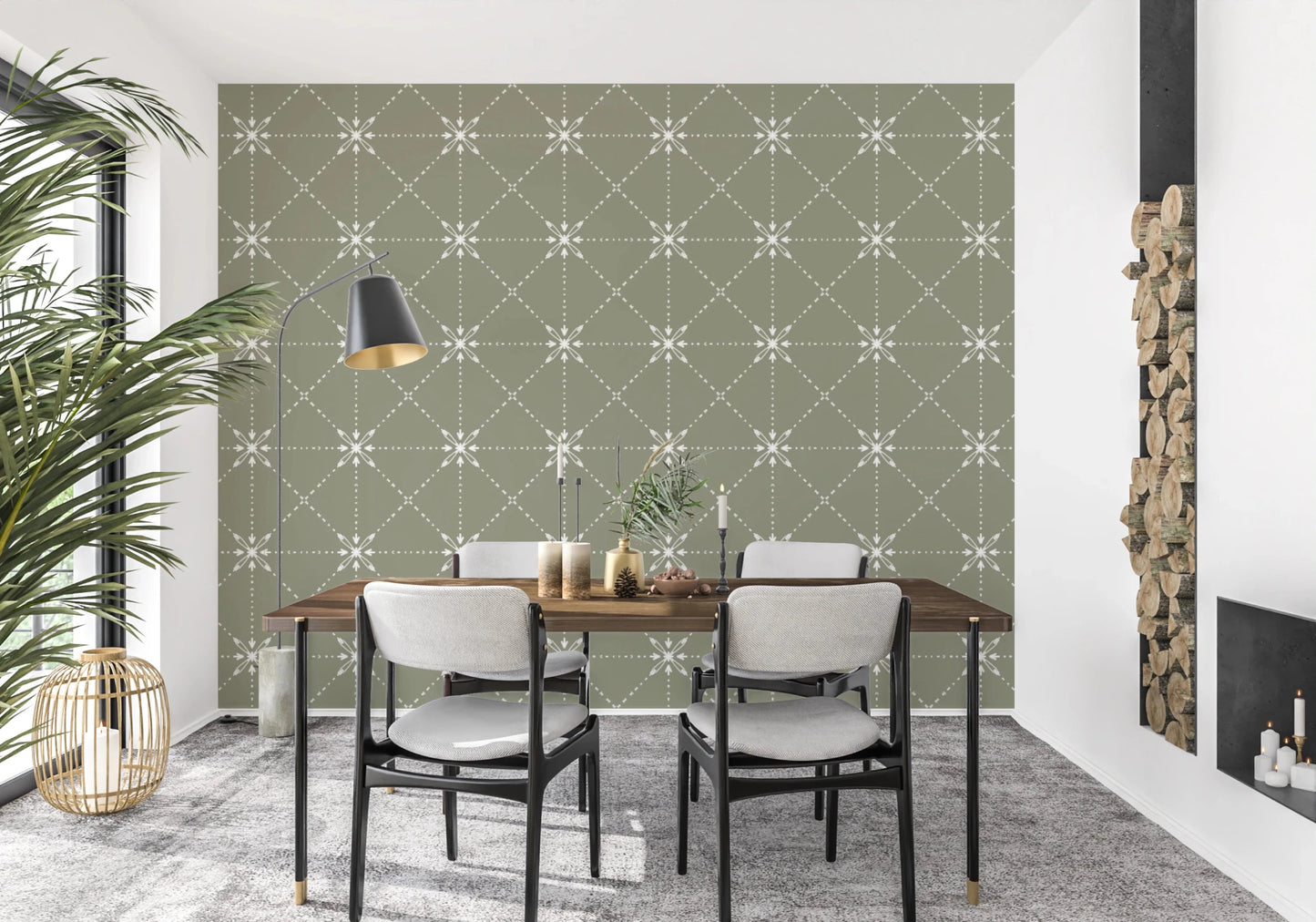 Sashiko Hana - Goshi - Latticed Flower Stitch On Sage Wallpaper⁠