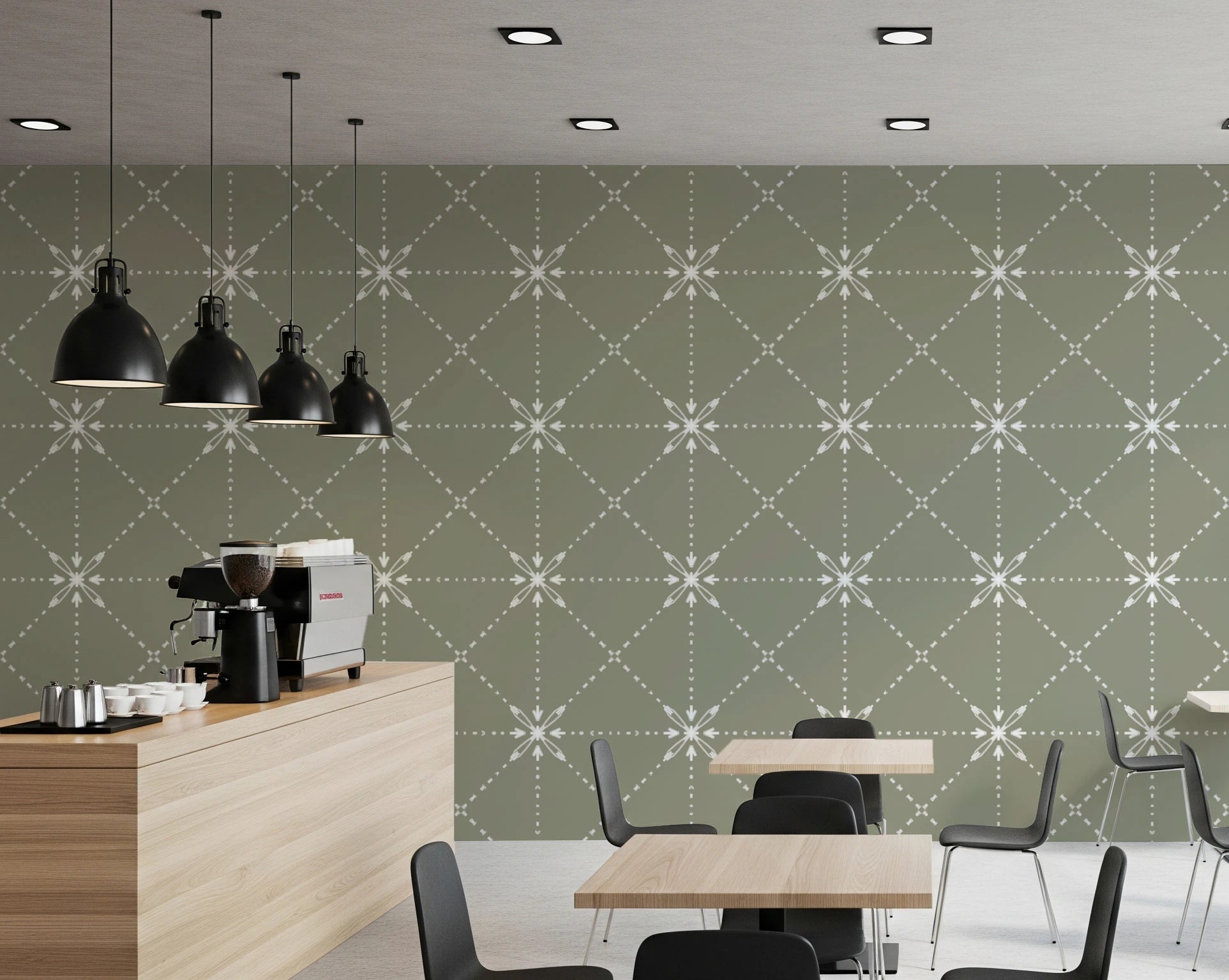 Sashiko Hana - Goshi - Latticed Flower Stitch On Sage Wallpaper⁠