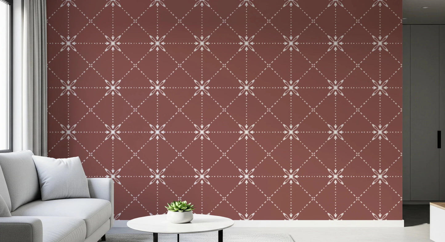 Sashiko Hana - Goshi - Latticed Flower Stitch On Terracotta Wallpaper⁠
