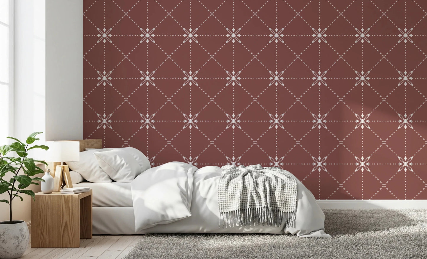 Sashiko Hana - Goshi - Latticed Flower Stitch On Terracotta Wallpaper⁠