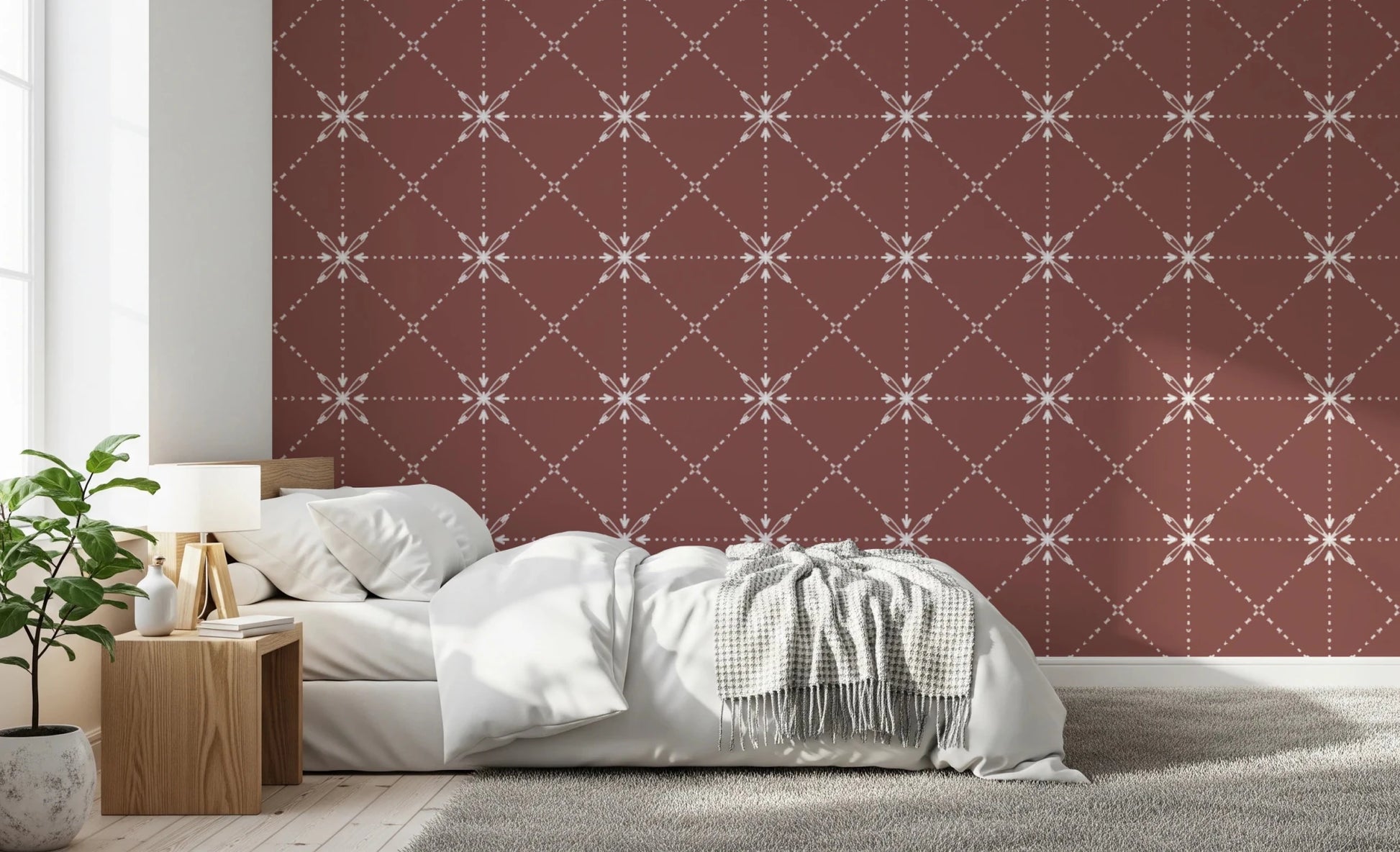 Sashiko Hana - Goshi - Latticed Flower Stitch On Terracotta Wallpaper⁠