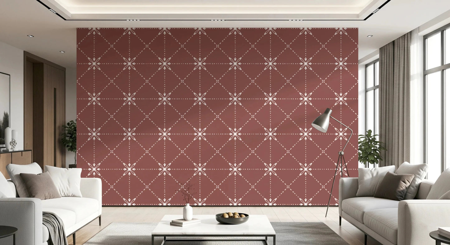 Sashiko Hana - Goshi - Latticed Flower Stitch On Terracotta Wallpaper⁠