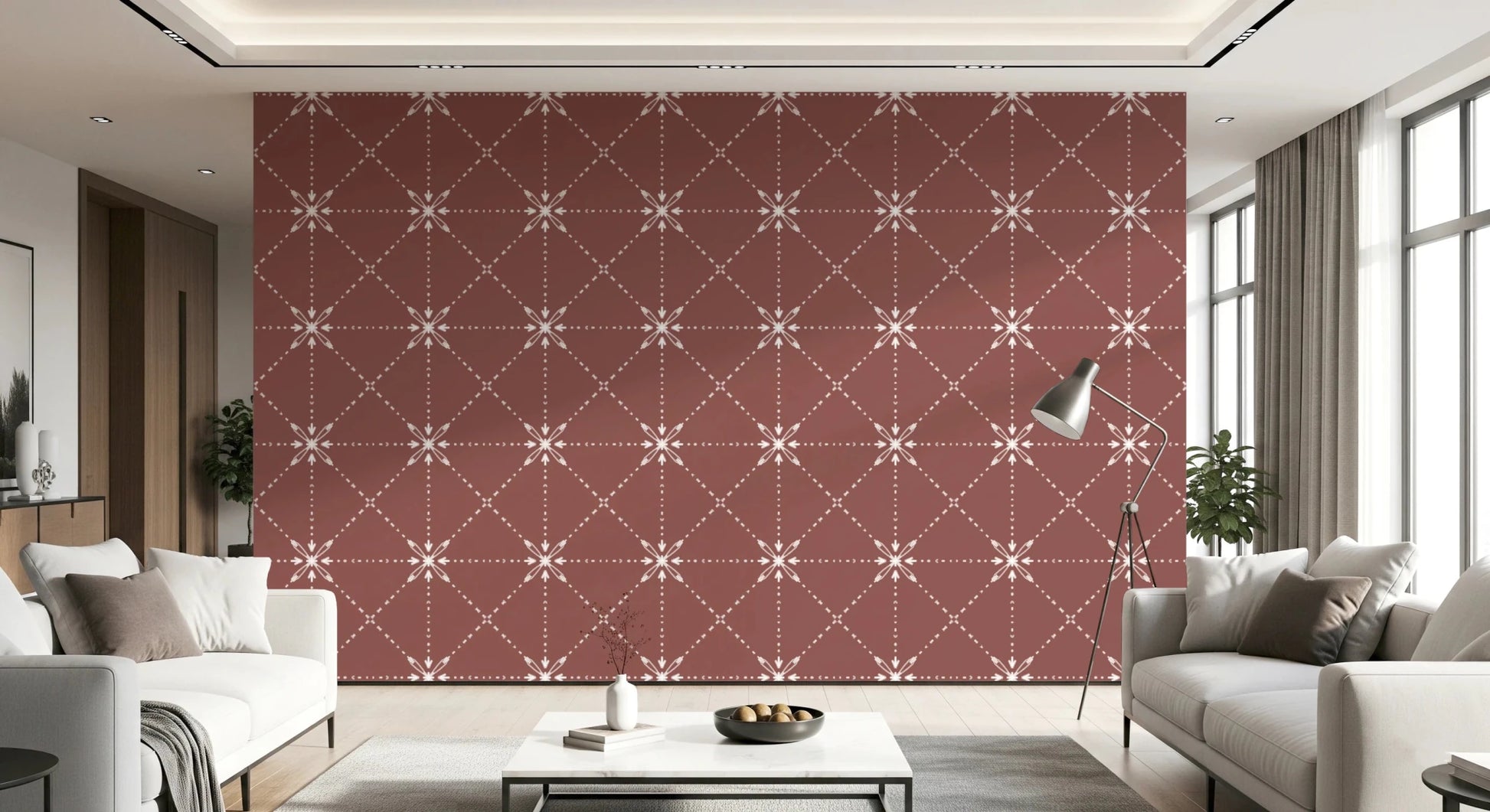 Sashiko Hana - Goshi - Latticed Flower Stitch On Terracotta Wallpaper⁠