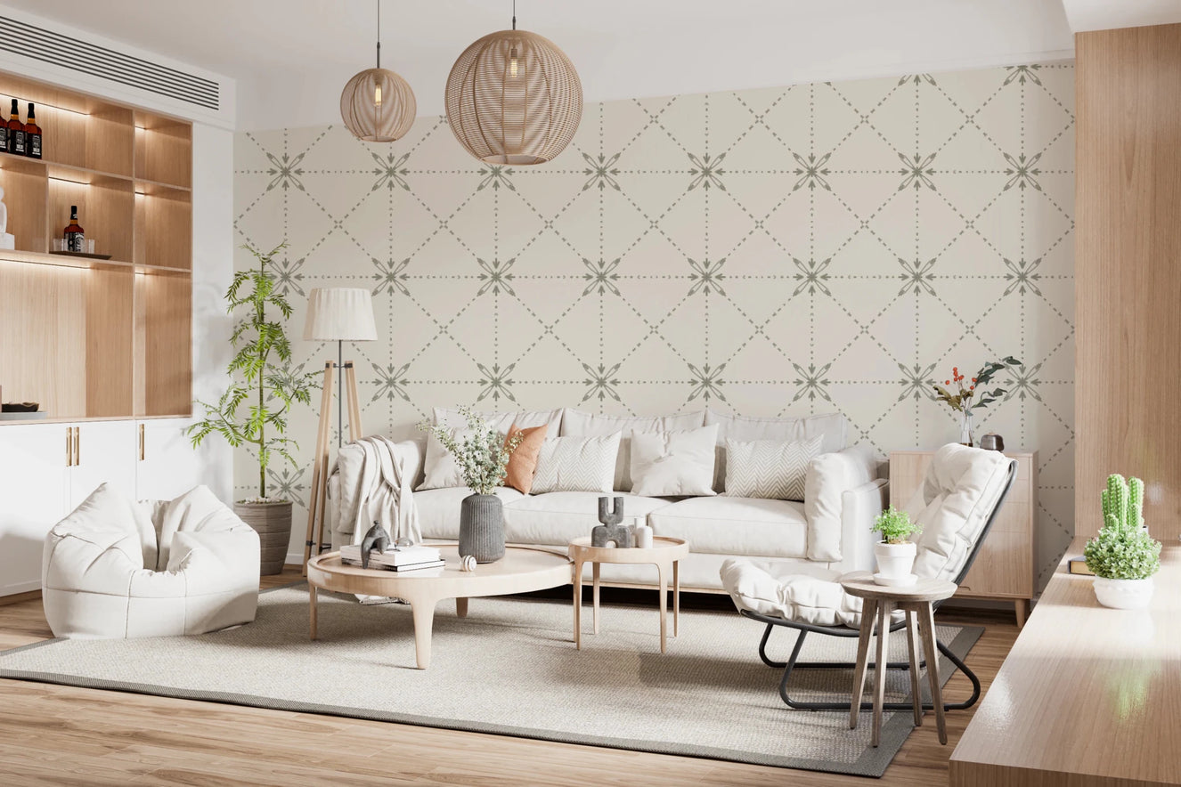 Sashiko Hana - Goshi - Latticed Flower Stitch Sage Wallpaper⁠