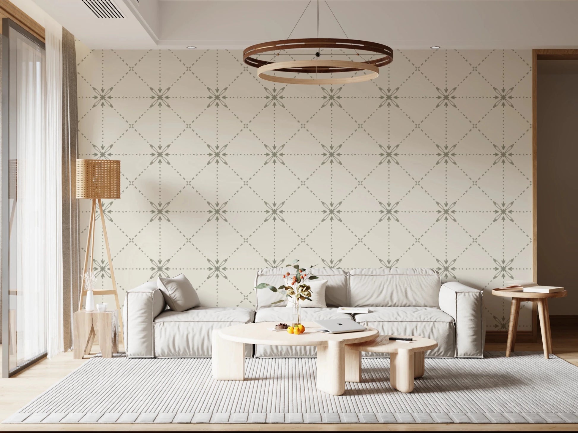Sashiko Hana - Goshi - Latticed Flower Stitch Sage Wallpaper⁠