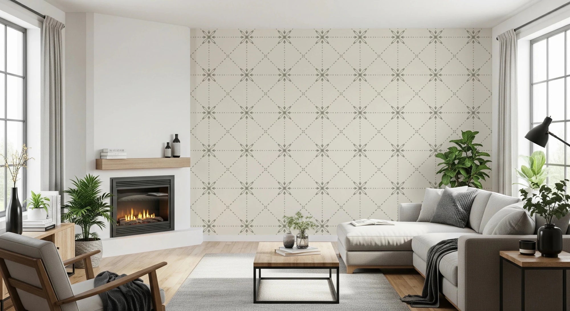 Sashiko Hana - Goshi - Latticed Flower Stitch Sage Wallpaper⁠