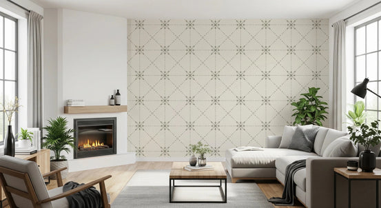 Sashiko Hana - Goshi - Latticed Flower Stitch Sage Wallpaper⁠