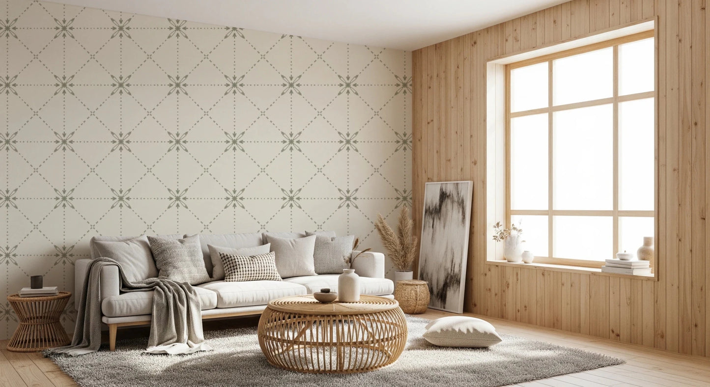Sashiko Hana - Goshi - Latticed Flower Stitch Sage Wallpaper⁠