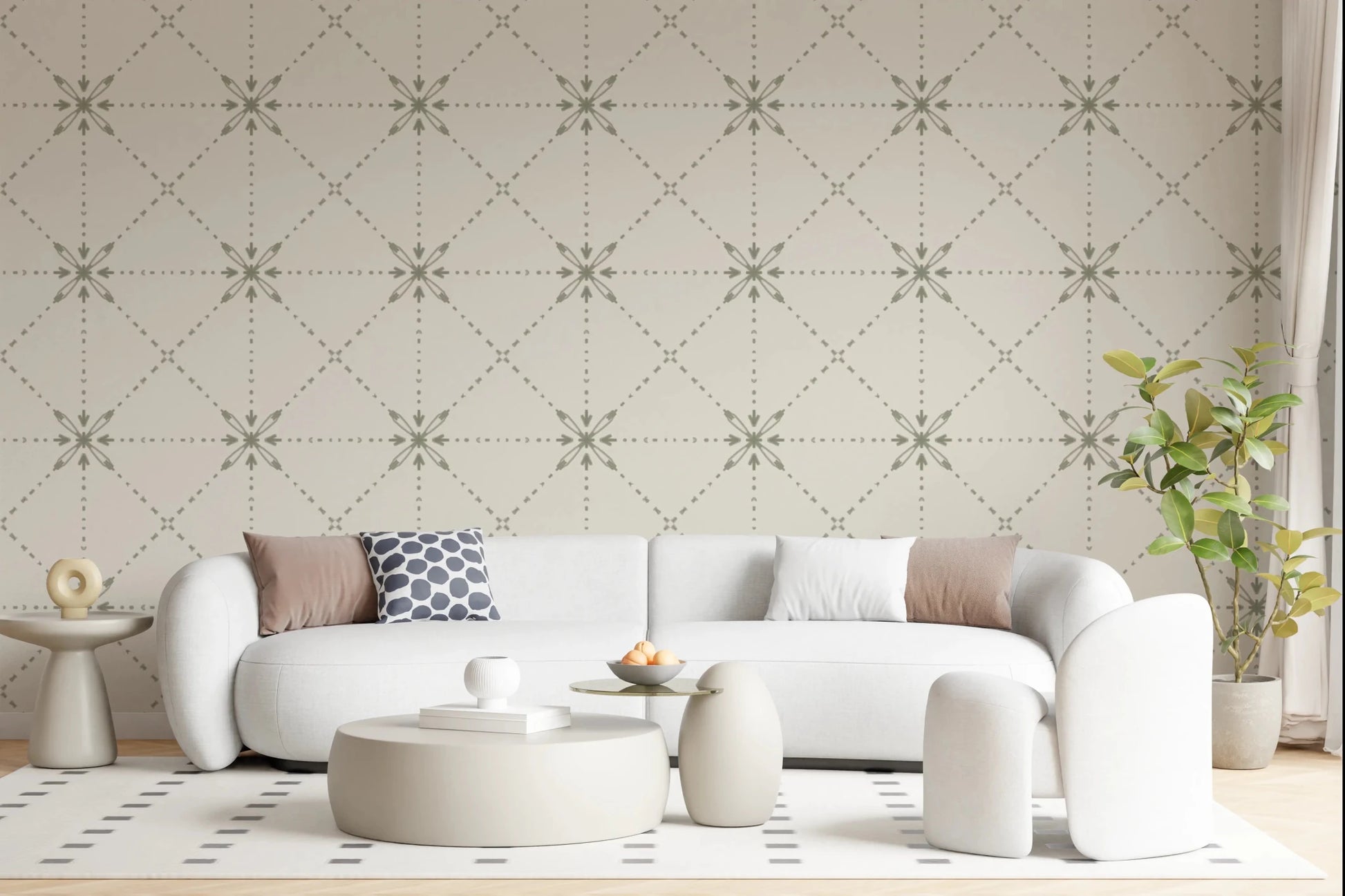 Sashiko Hana - Goshi - Latticed Flower Stitch Sage Wallpaper⁠