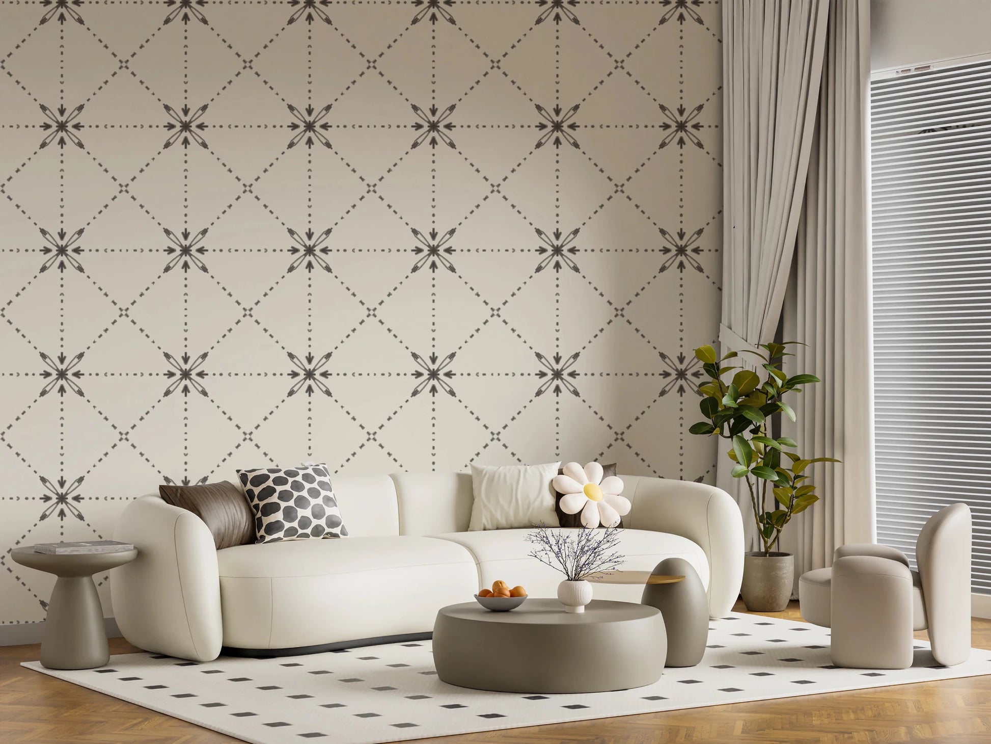 Sashiko Hana - Goshi - Latticed Flower Stitch Silhouette Wallpaper⁠