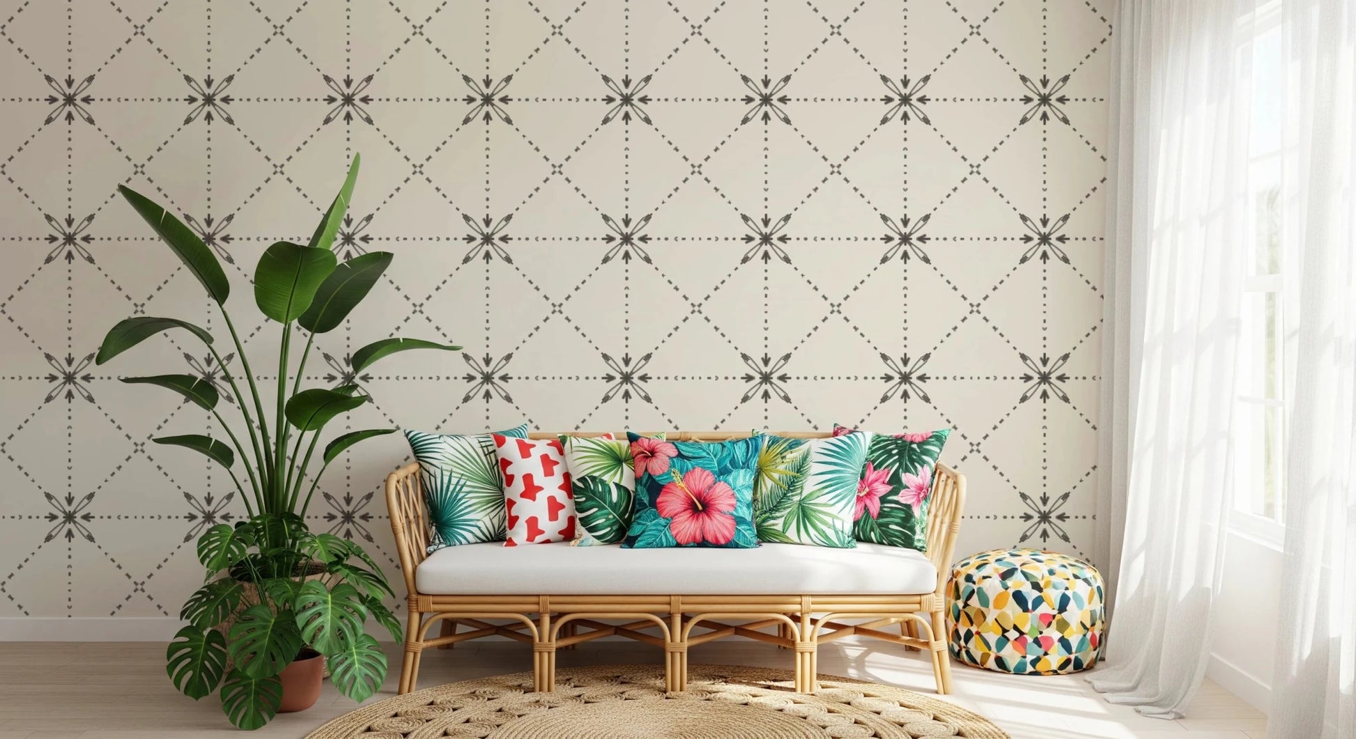 Sashiko Hana - Goshi - Latticed Flower Stitch Silhouette Wallpaper⁠