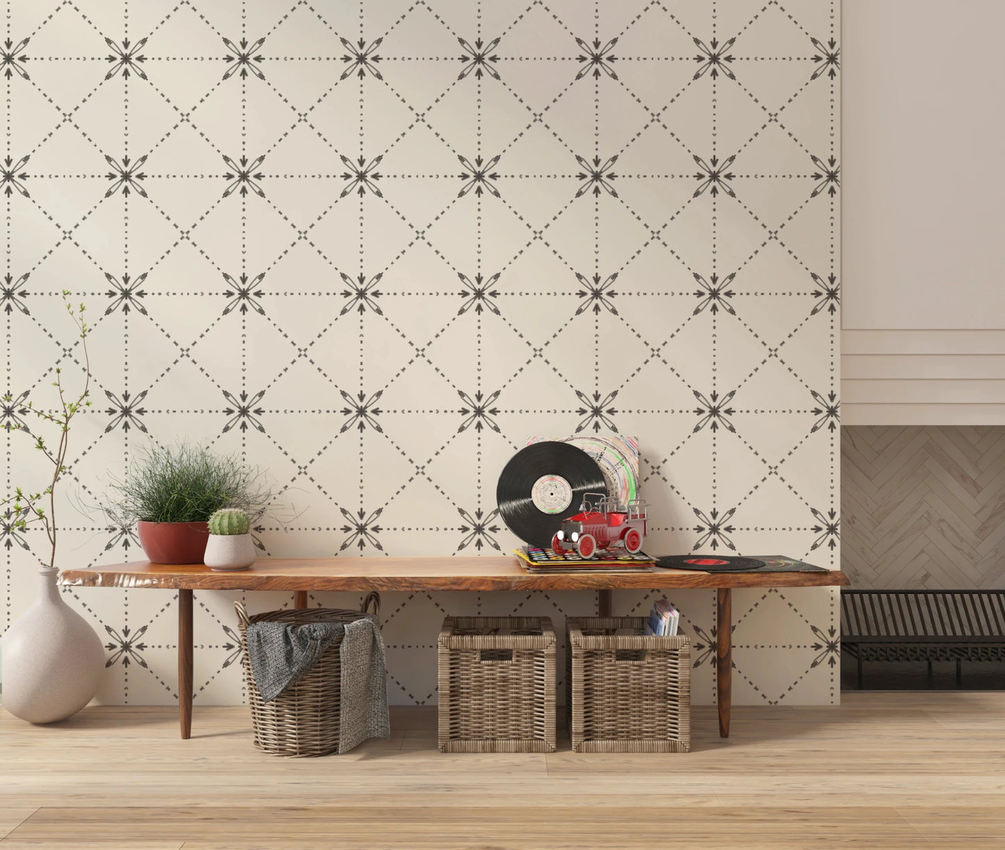 Sashiko Hana - Goshi - Latticed Flower Stitch Silhouette Wallpaper⁠