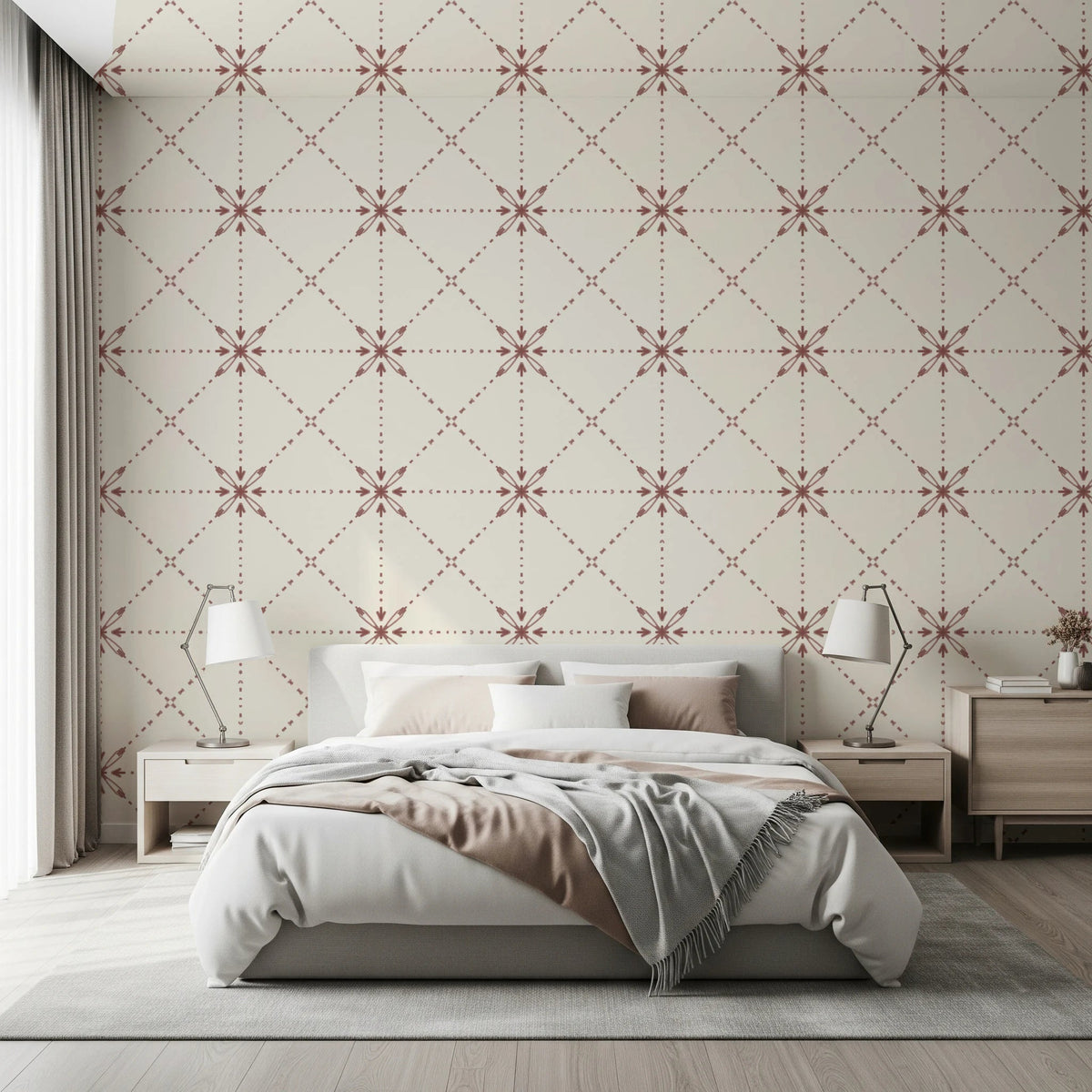 Sashiko Hana - Goshi - Latticed Flower Stitch Terracotta Wallpaper⁠