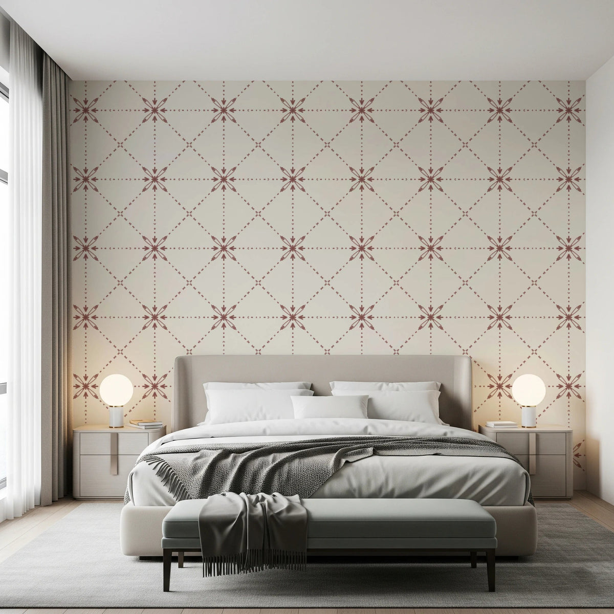 Sashiko Hana - Goshi - Latticed Flower Stitch Terracotta Wallpaper⁠