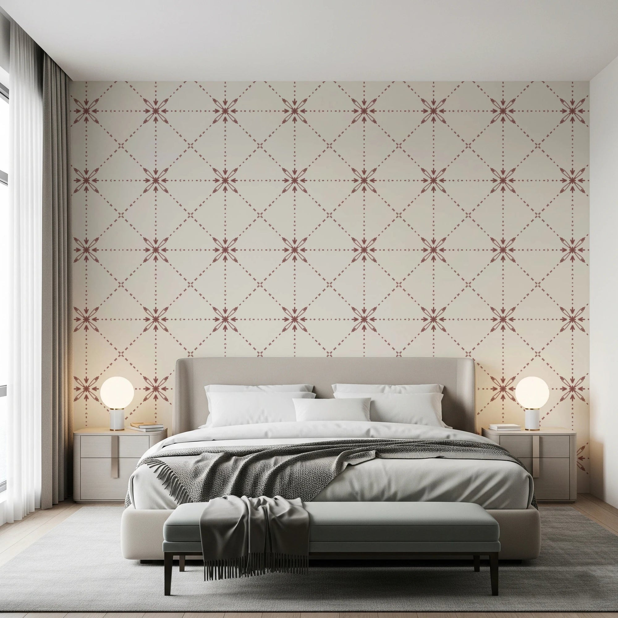 Sashiko Hana - Goshi - Latticed Flower Stitch Terracotta Wallpaper⁠