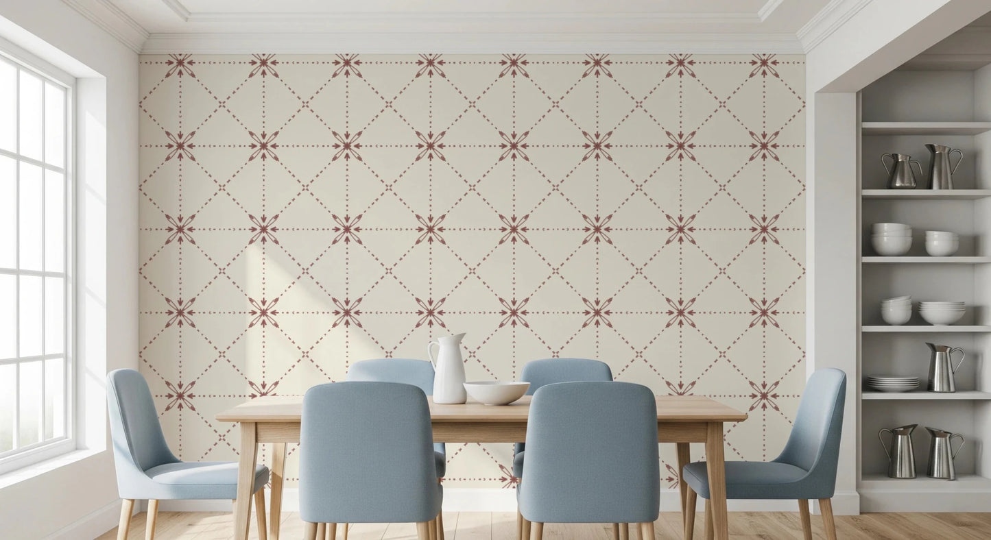 Sashiko Hana - Goshi - Latticed Flower Stitch Terracotta Wallpaper⁠