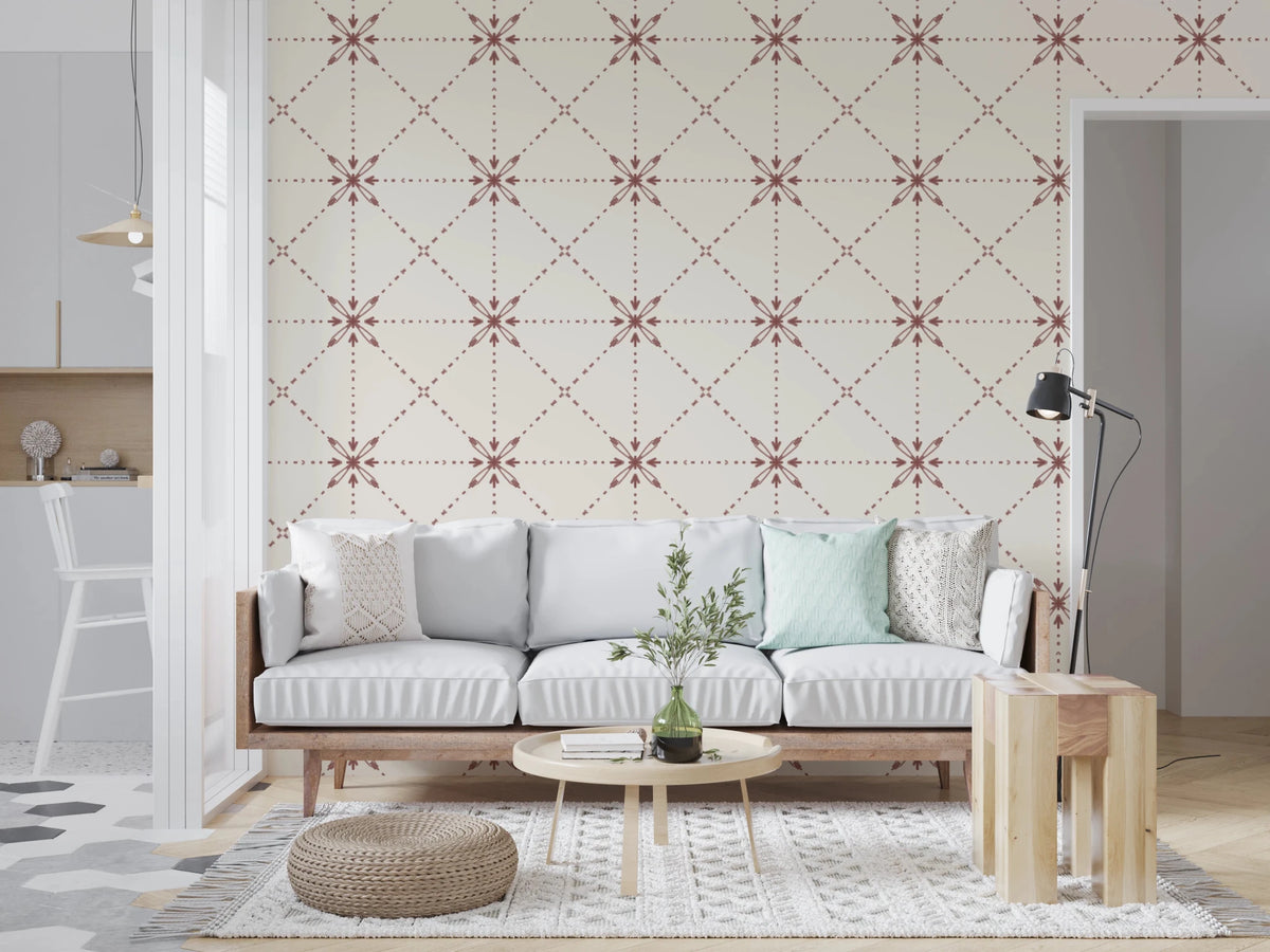Sashiko Hana - Goshi - Latticed Flower Stitch Terracotta Wallpaper⁠