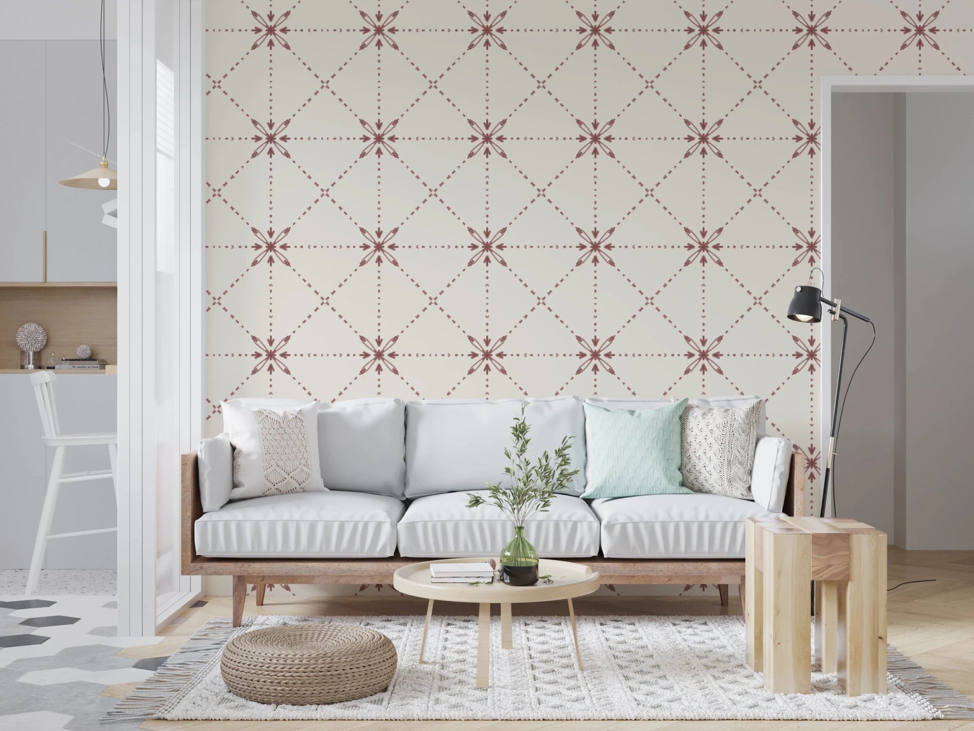 Sashiko Hana - Goshi - Latticed Flower Stitch Terracotta Wallpaper⁠