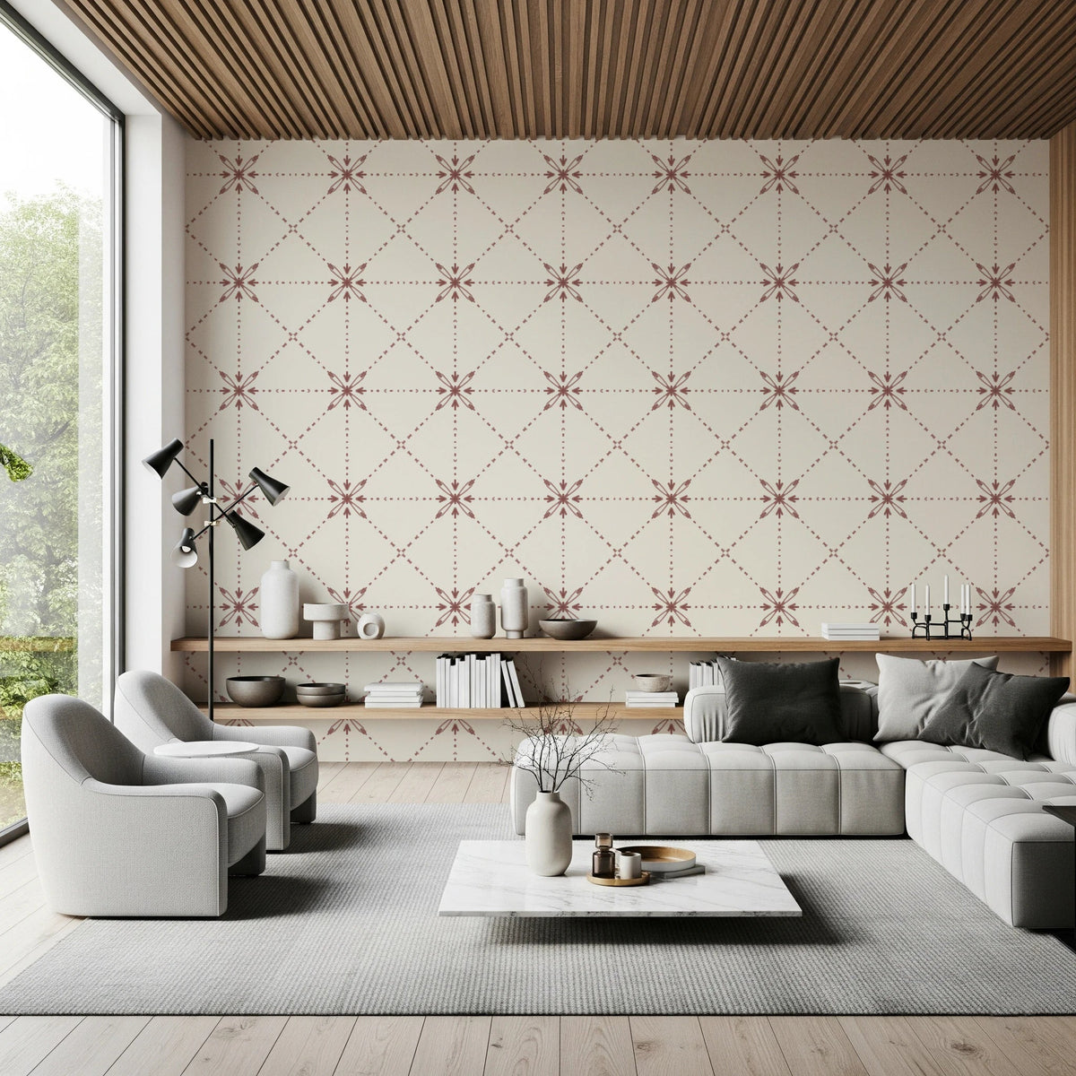 Sashiko Hana - Goshi - Latticed Flower Stitch Terracotta Wallpaper⁠