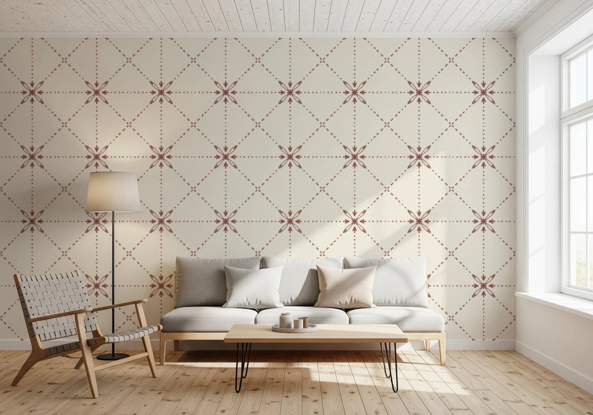 Sashiko Hana - Goshi - Latticed Flower Stitch Terracotta Wallpaper⁠