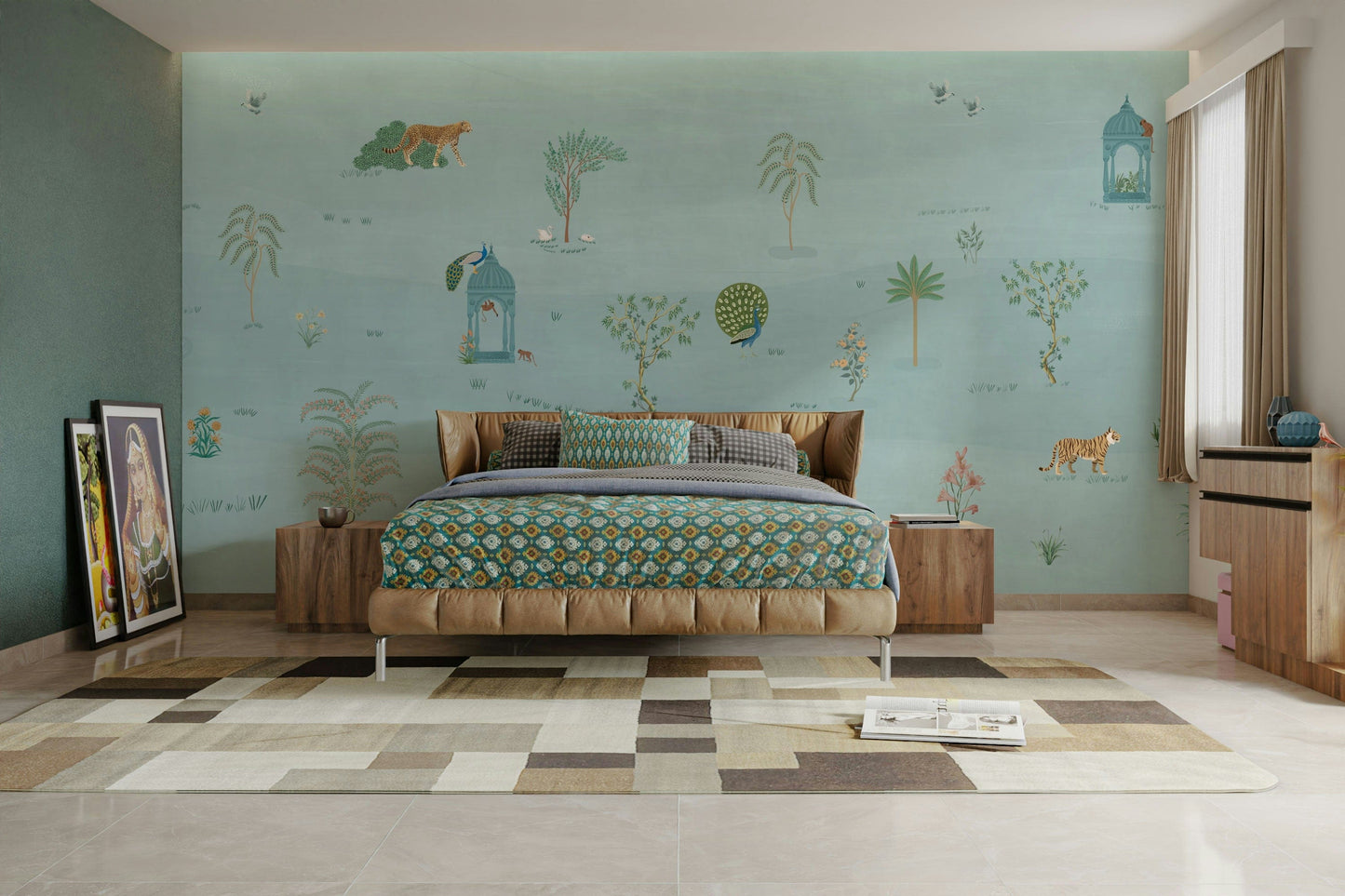 A peaceful wall mural with a wide savannah landscape.

