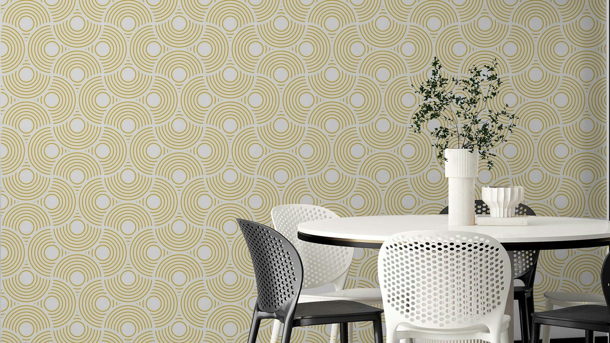 The image shows a peaceful, vintage-style pattern with scalloped shapes.

