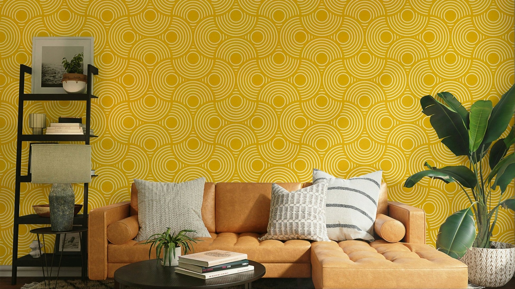 A wall mural of an abstract, geometric pattern.

