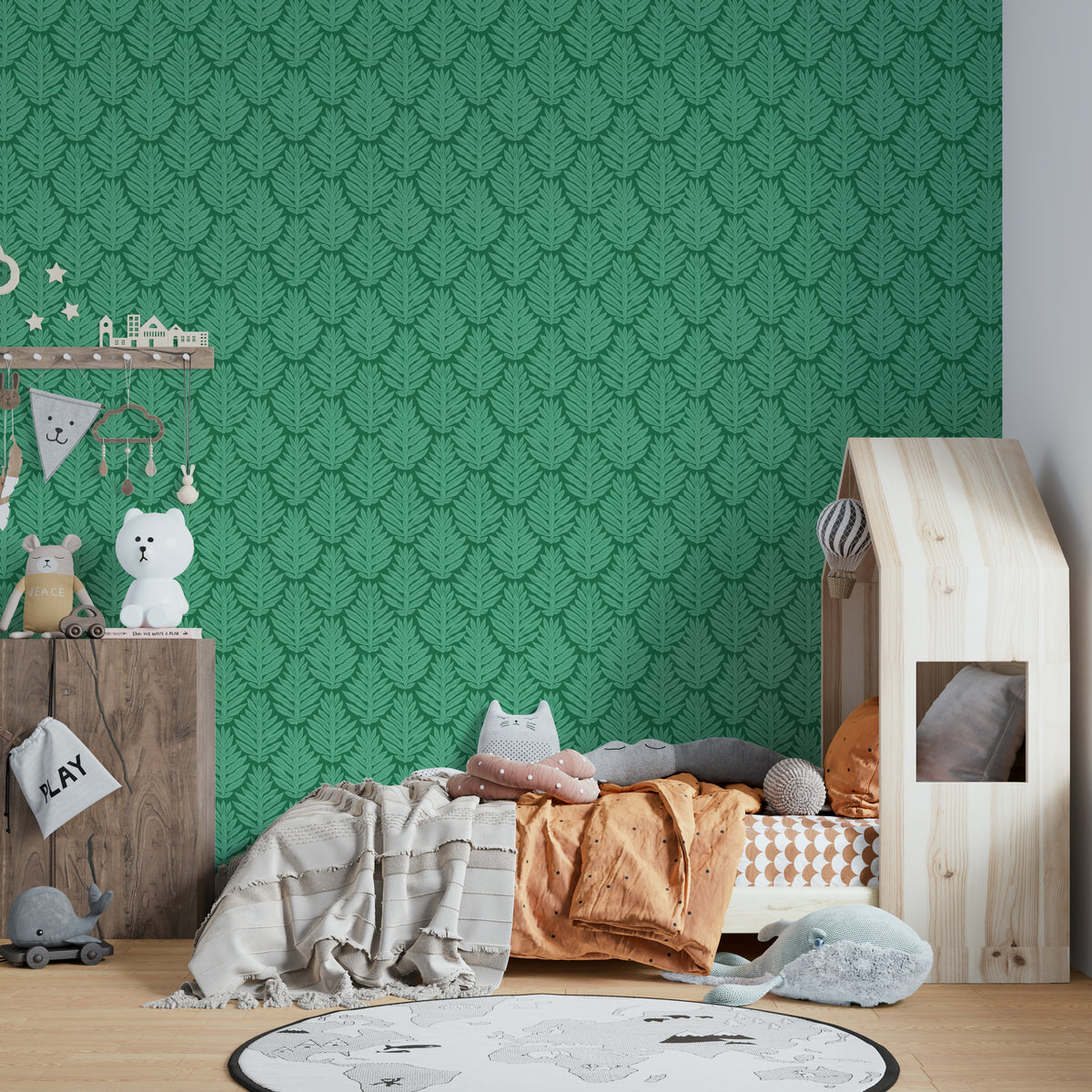 Bold green leaf and jewel jungle wallpaper with scallop edges

