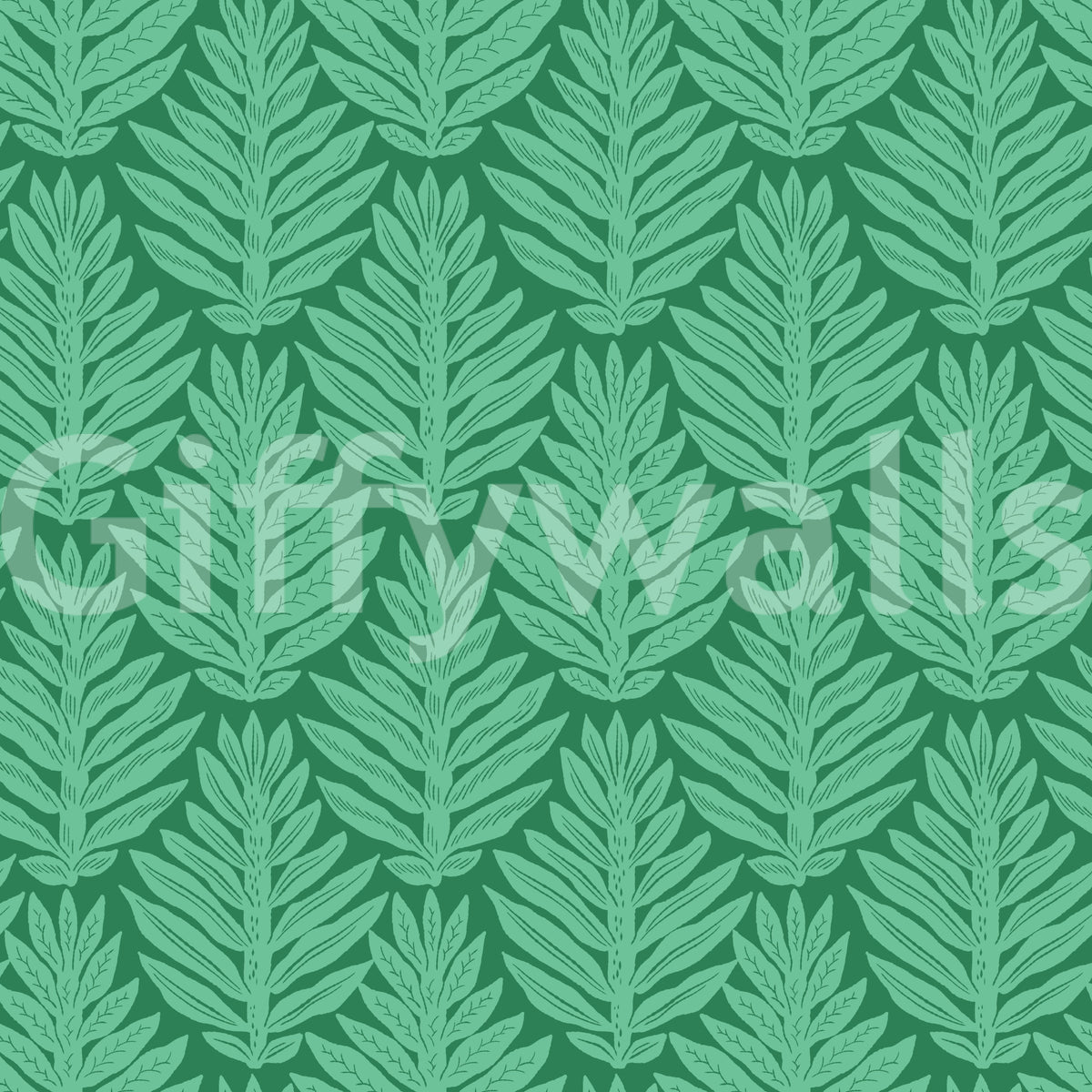 Scallop Green Leaf Jewel Jungle wallpaper close-up showing a two-tone green leafy frond pattern in the design detail