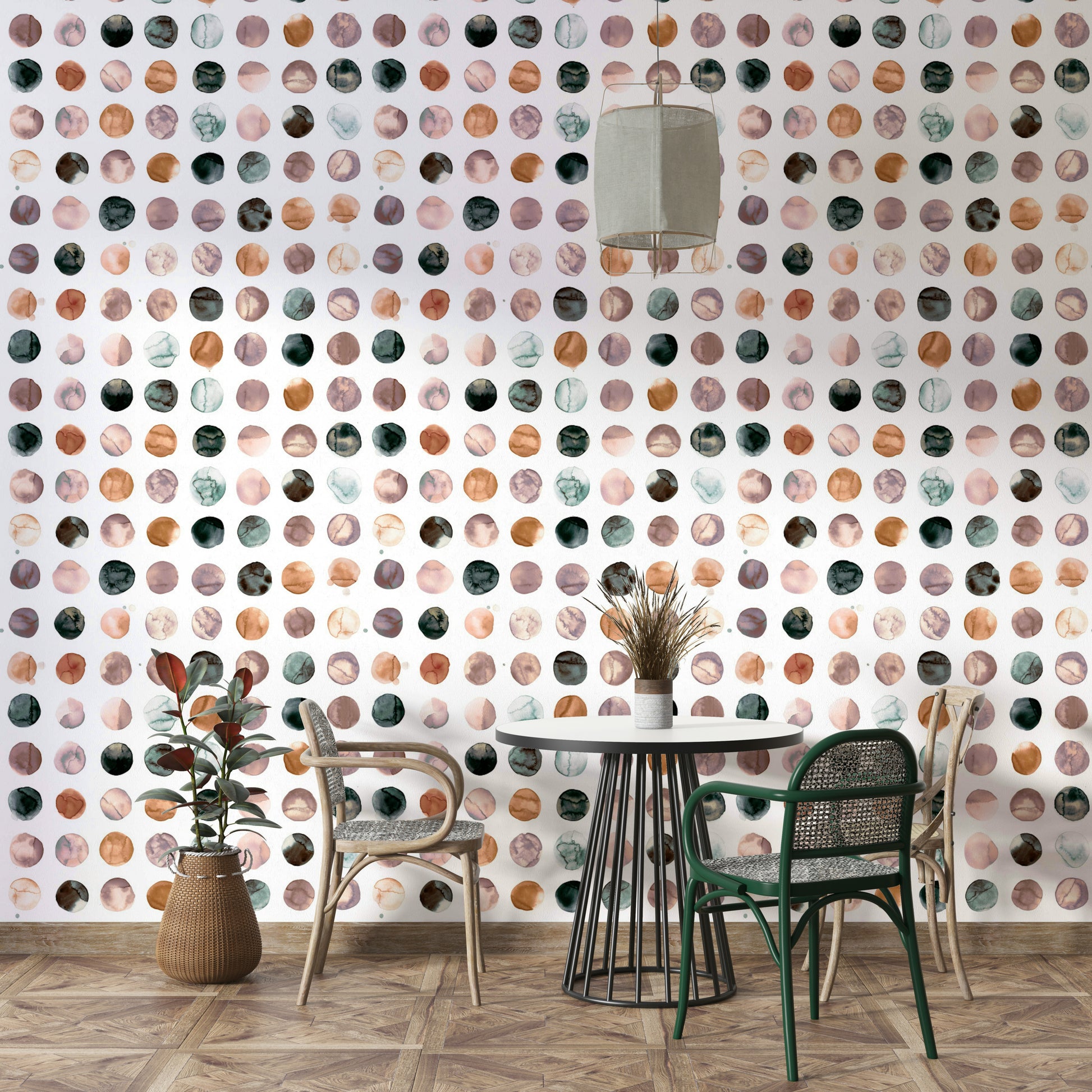Scandinavian-style wallpaper with watercolor terracotta dots.

