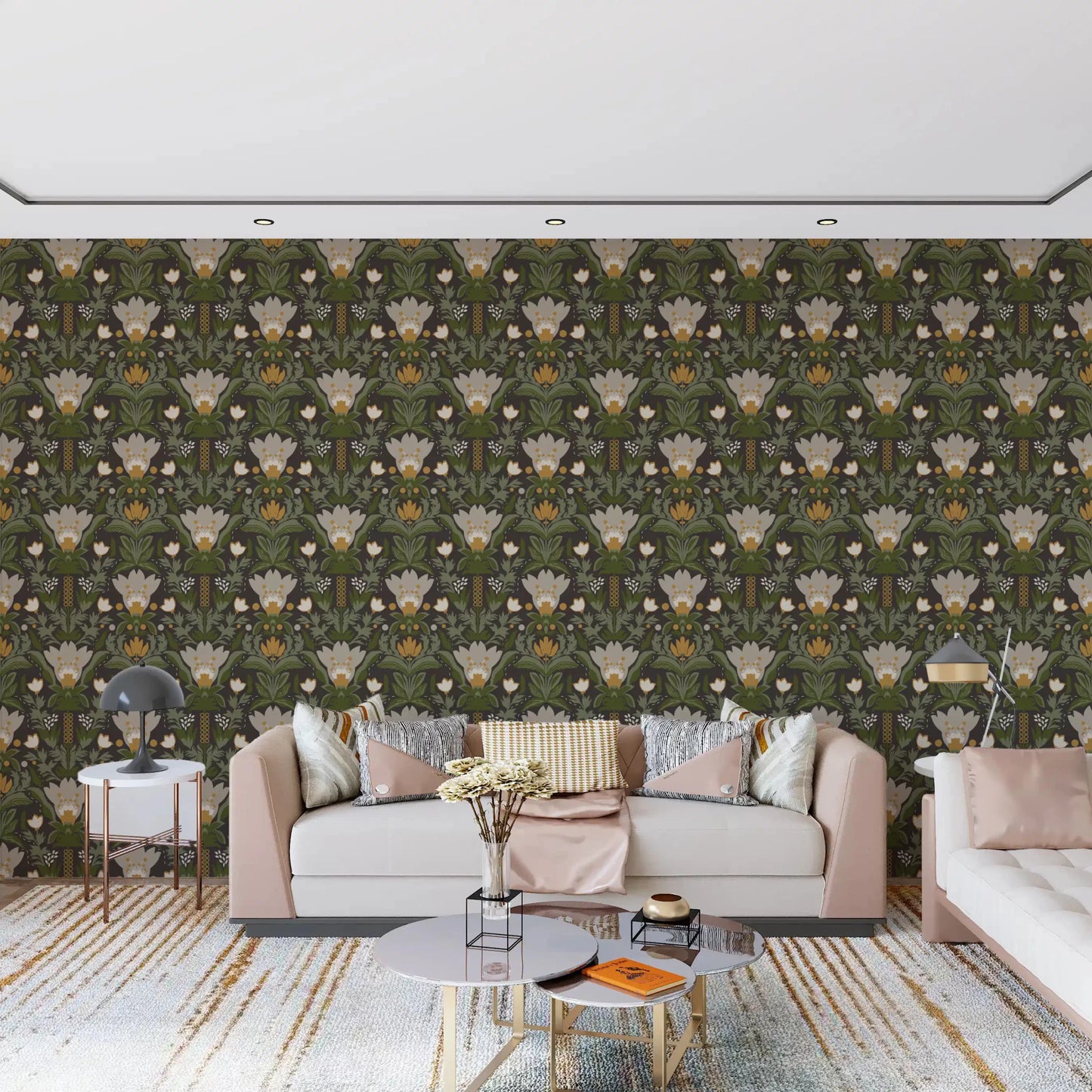 Floral garden wallpaper with earthy tones and folk botanical pattern