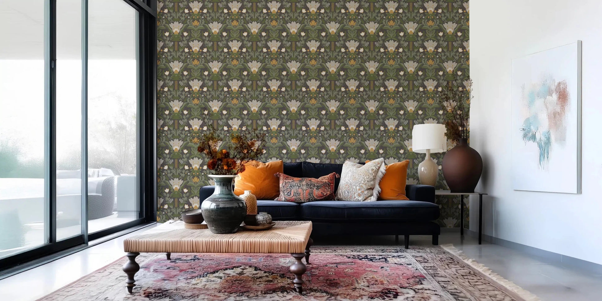 Earthy floral wallpaper with Nordic garden motif and cream blooms
