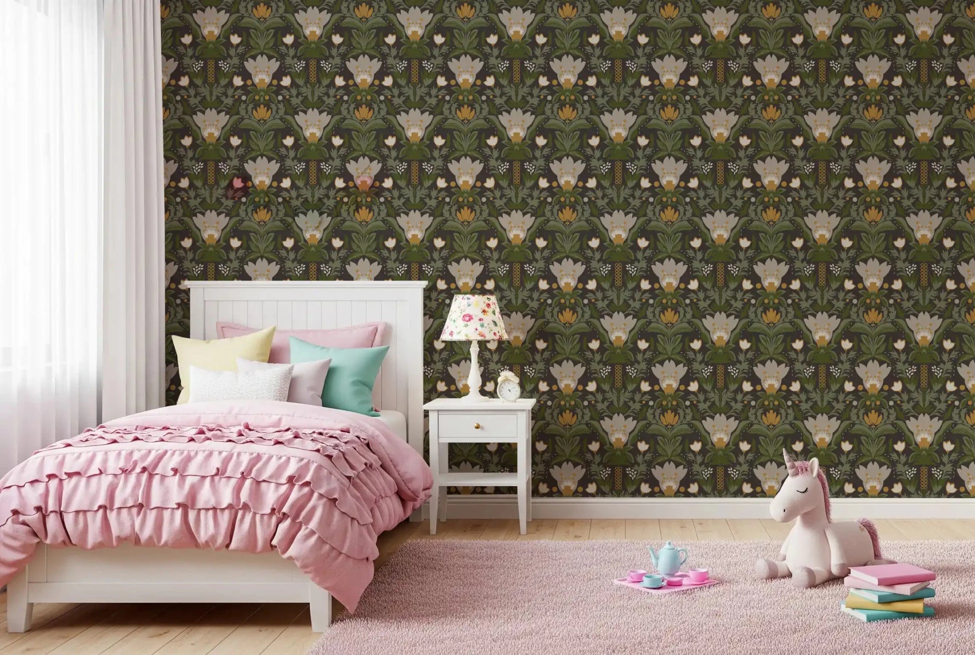 Nordic meadow wallpaper with cream flowers and layered green leaves