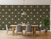 Floral pattern wallpaper with meadow leaves and stylized flowers