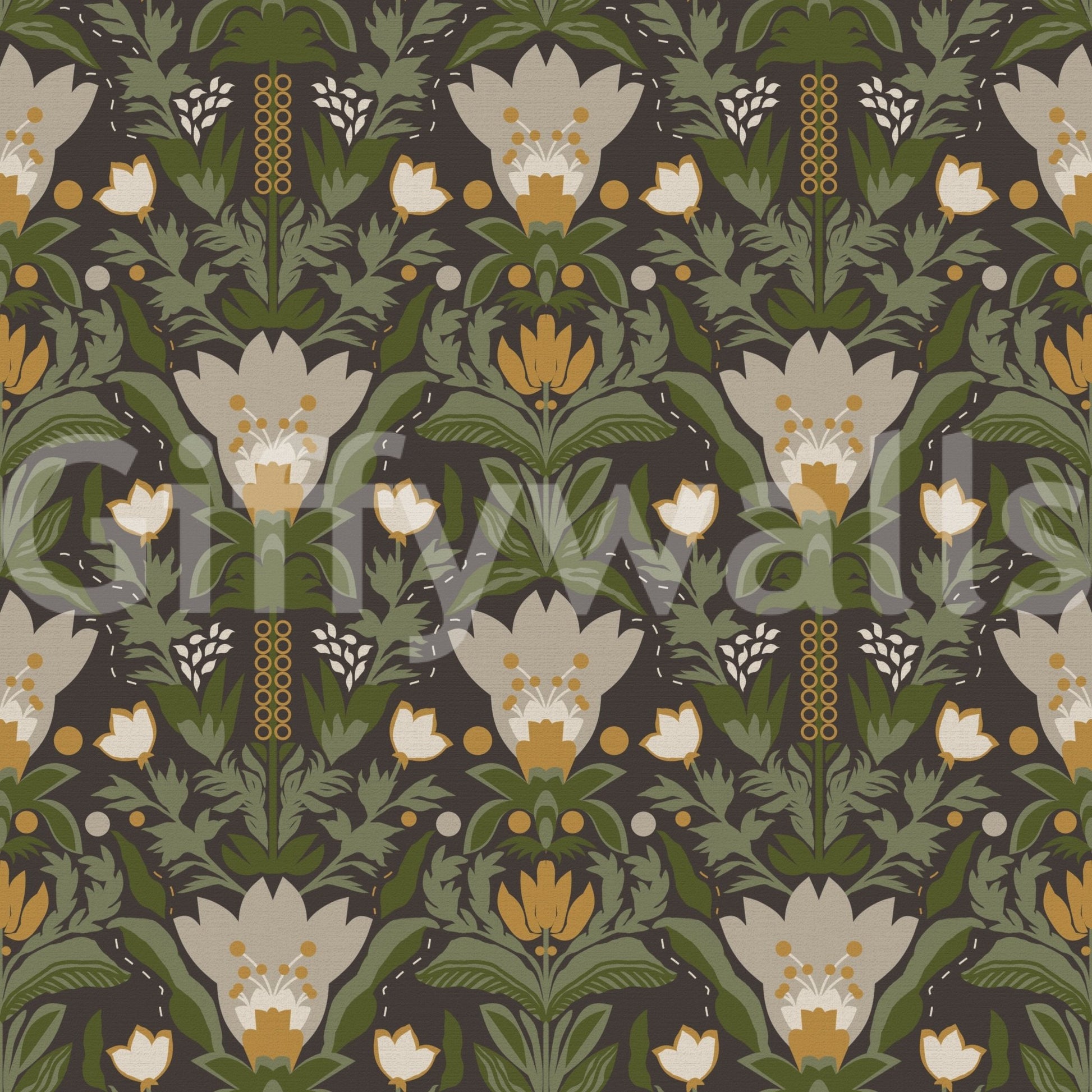Botanical meadow wallpaper with repeating folk floral detail