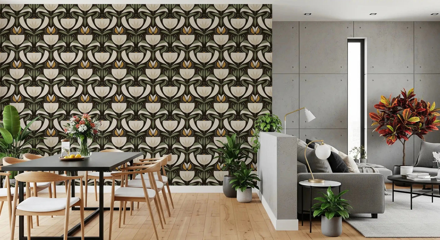 Heritage floral wallpaper in a dining room with tulip motif and dark background