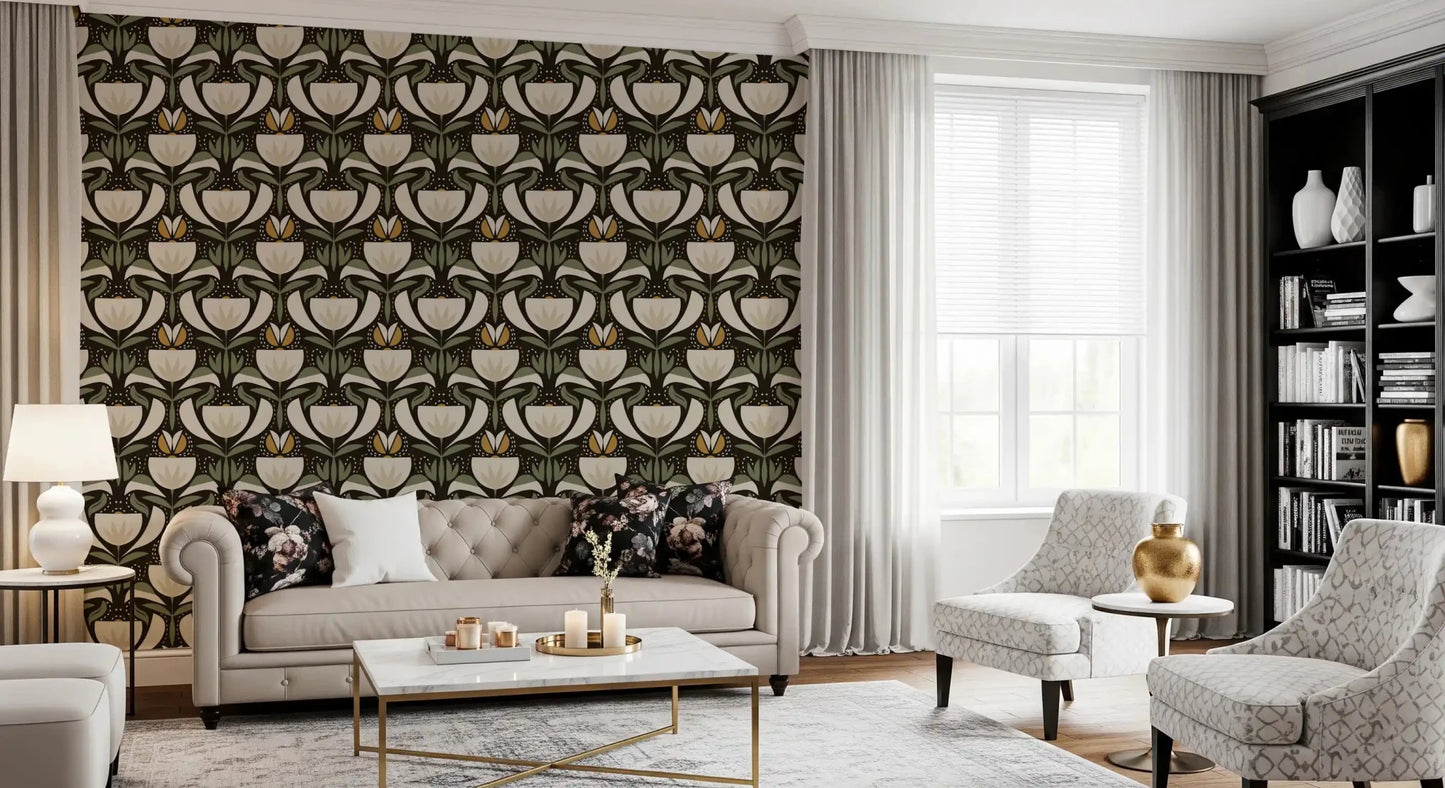 Floral pattern wallpaper blends heritage tulip shapes with earthy ochre accents