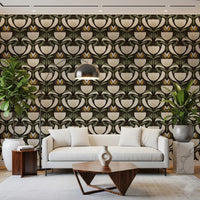 Vintage floral wallpaper showing tulip pattern, curved leaves, and dark contrast
