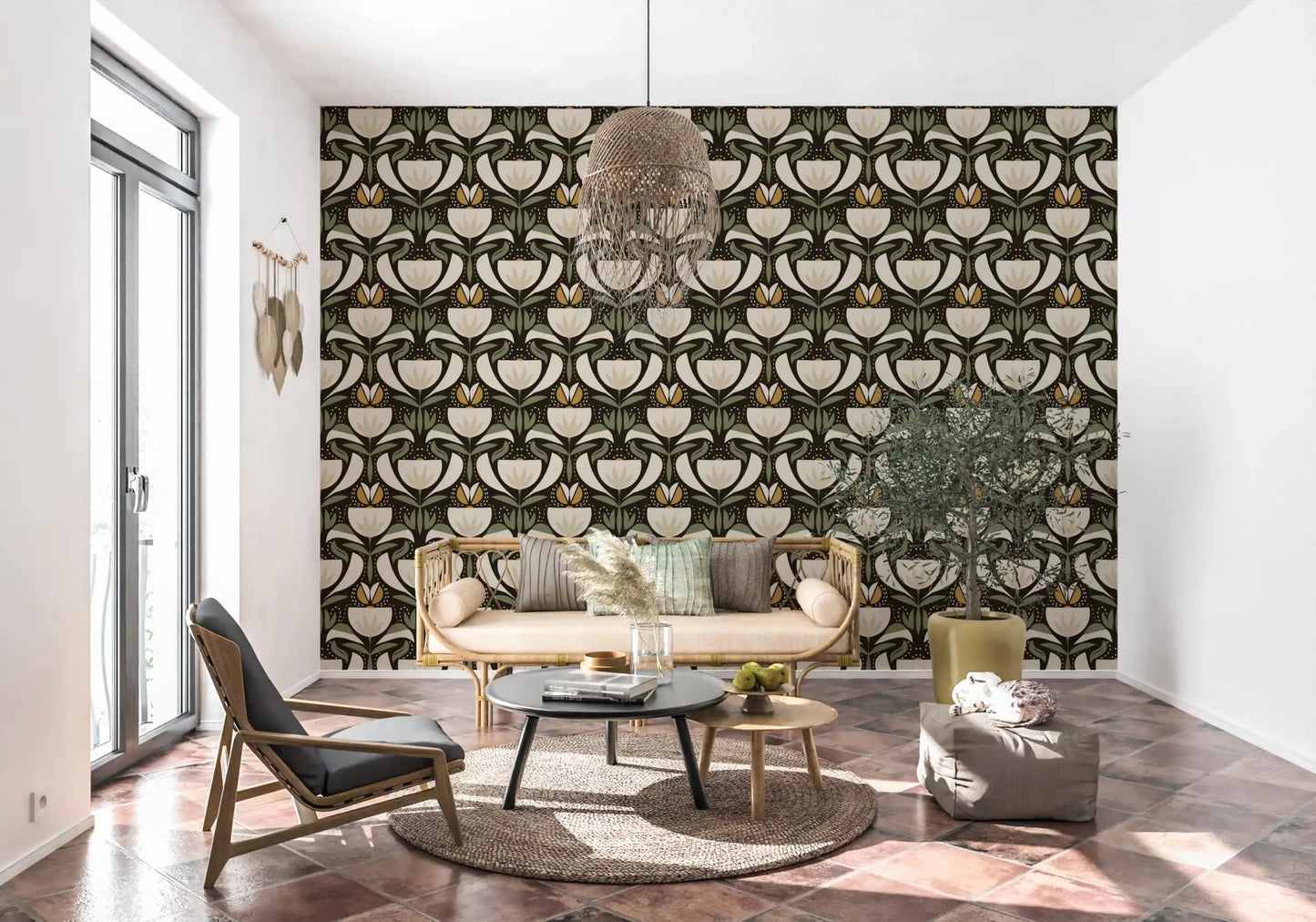 Tulip motif wallpaper with heritage pattern, soft cream petals, and sage foliage