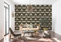 Tulip motif wallpaper with heritage pattern, soft cream petals, and sage foliage