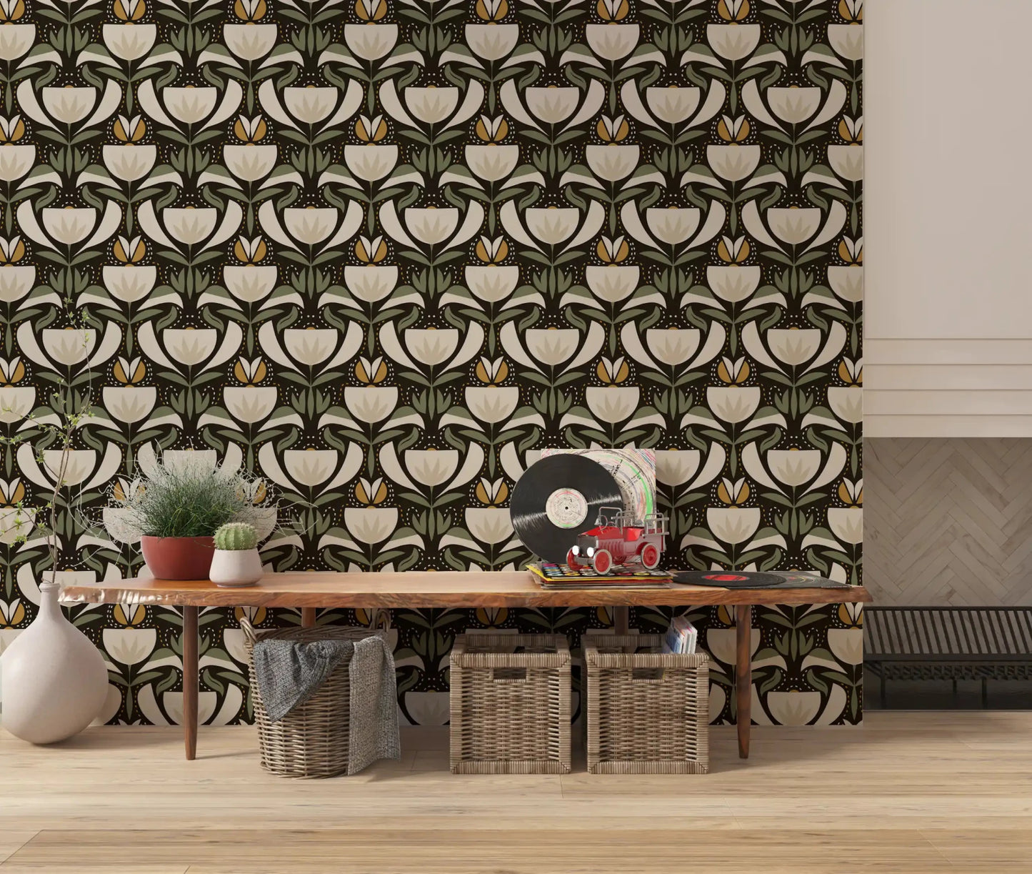 Dark botanical wallpaper with tulip pattern, muted green leaves, and cream blooms