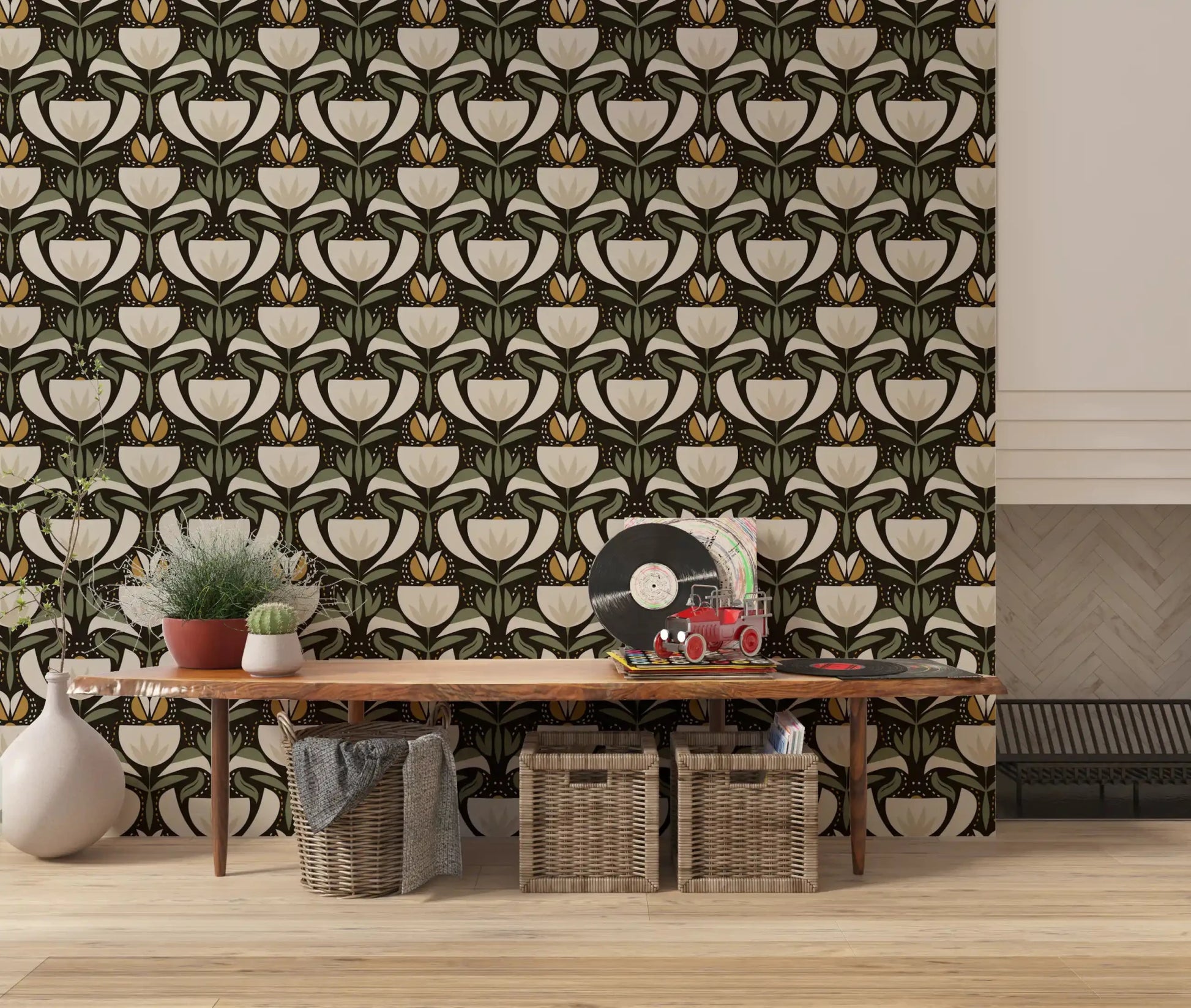 Dark botanical wallpaper with tulip pattern, muted green leaves, and cream blooms
