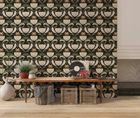 Dark botanical wallpaper with tulip pattern, muted green leaves, and cream blooms