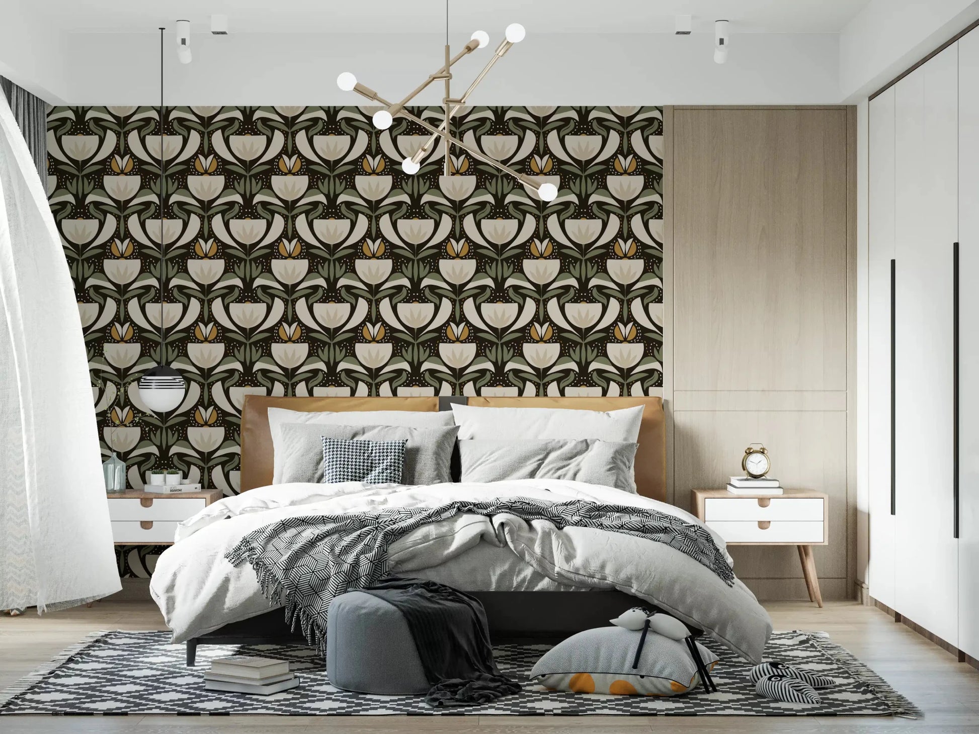 Cream tulip wallpaper suits a bedroom with heritage floral pattern and dark base