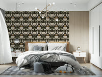 Cream tulip wallpaper suits a bedroom with heritage floral pattern and dark base